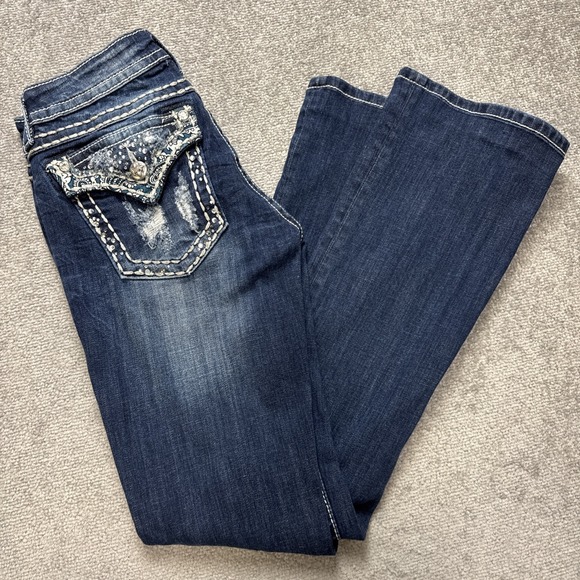 Miss Me Denim - Miss Me 28 Signature Boot Low Rise Embellished Patched Holes Distressed Medium
